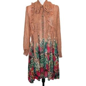 Anthropologie Bl^nk London Dress Petite XS Floral Dotted Metallic Lurex Tie Neck